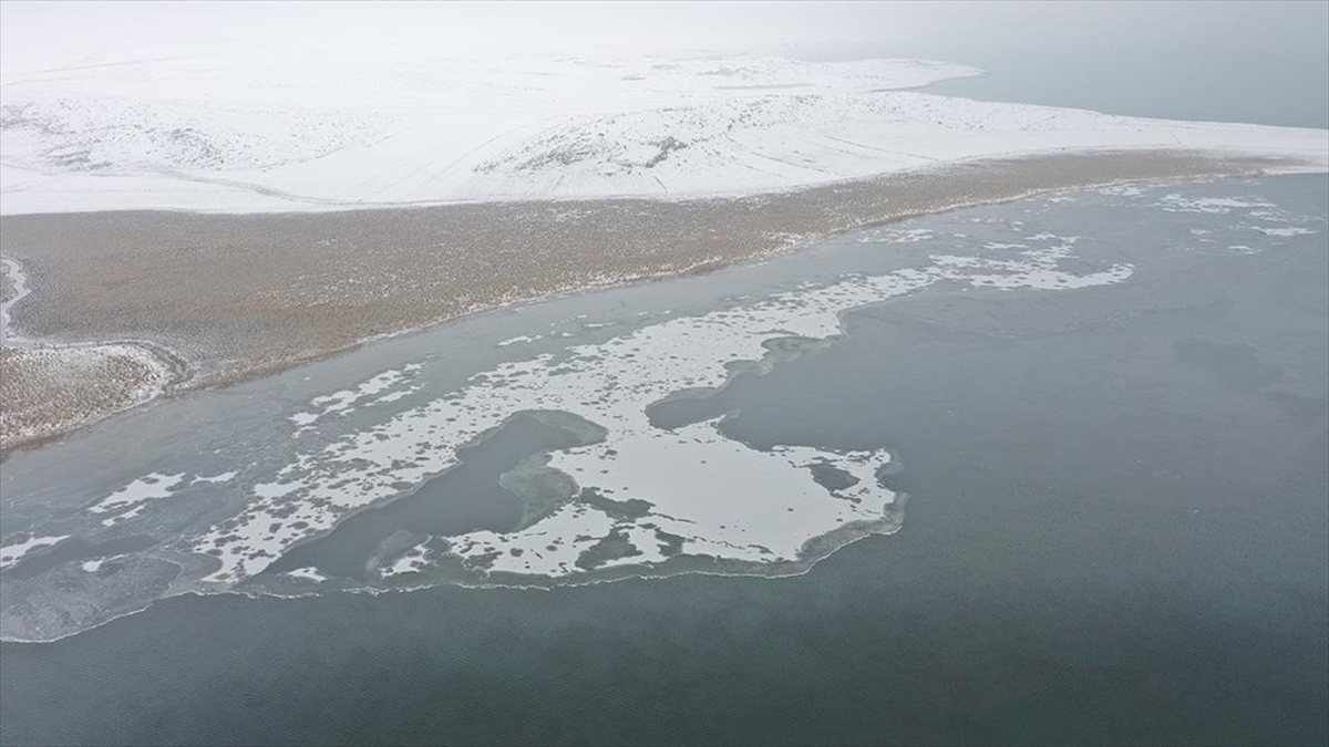 Çıldır Gölü’nün yüzeyi soğuk hava nedeniyle donmaya başladı