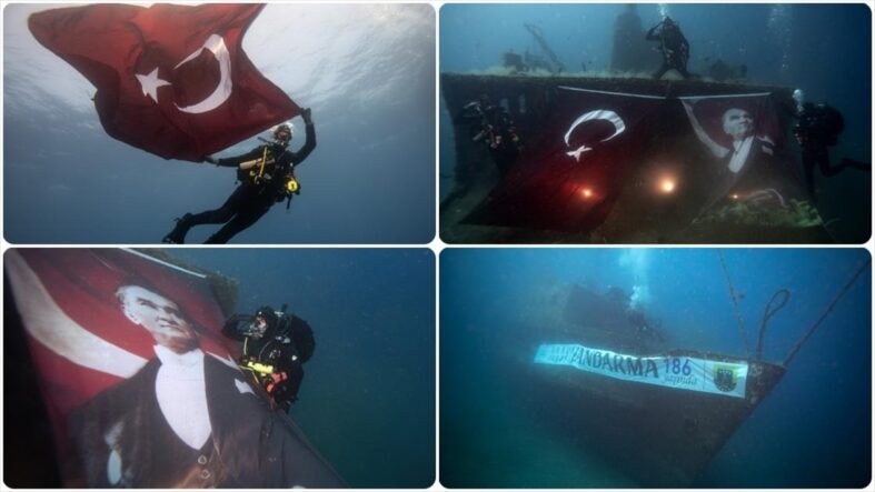 kalpgazetesi.com-Jandarma teşkilatının 186'ncı yılı su altında pankart, Türk bayrağı ve Atatürk portresi açarak kutlandı